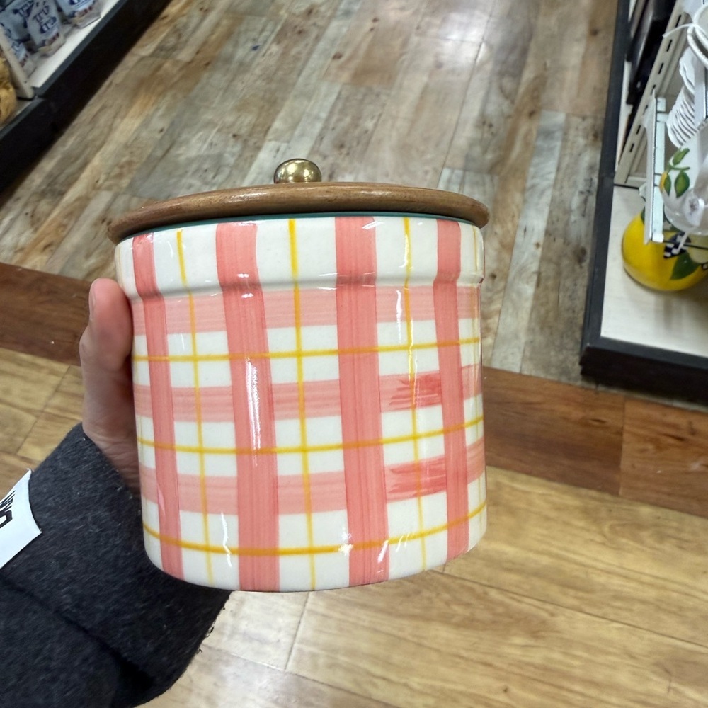 Plaid Ceramic Storage Jar with Wooden Lid